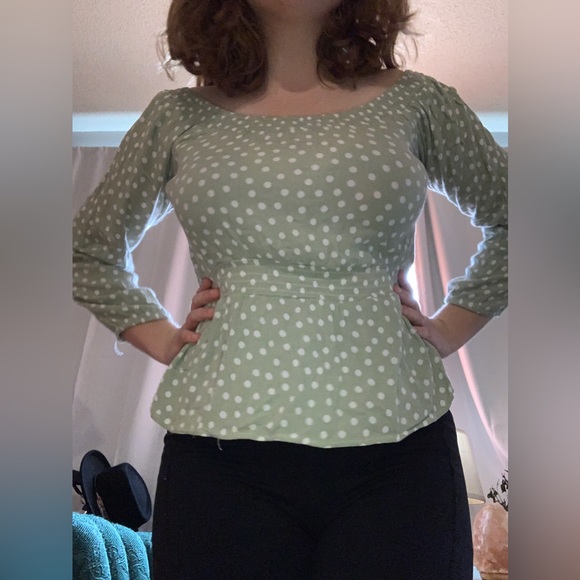 Pink Rose Tops - Cottage-Core Light Green Polka Dotted Shirt